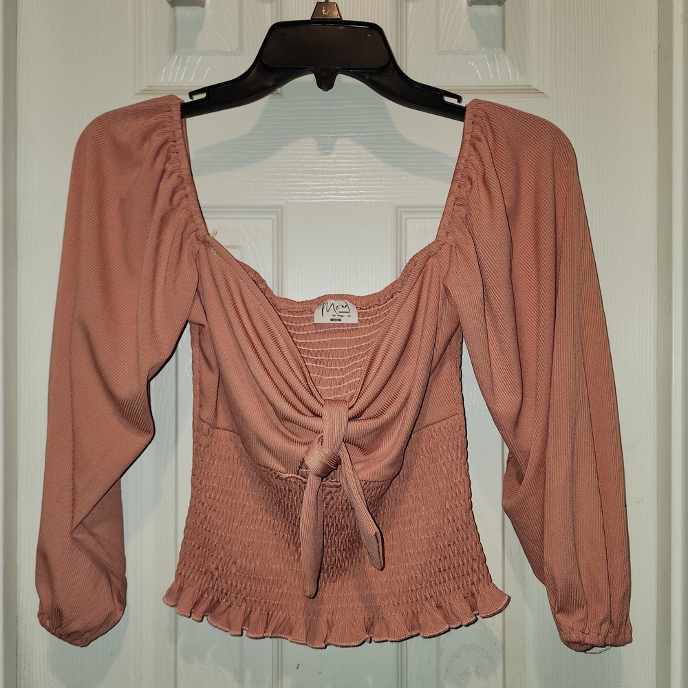 Elegant Mauve Smocked Blouse with Tie-Front